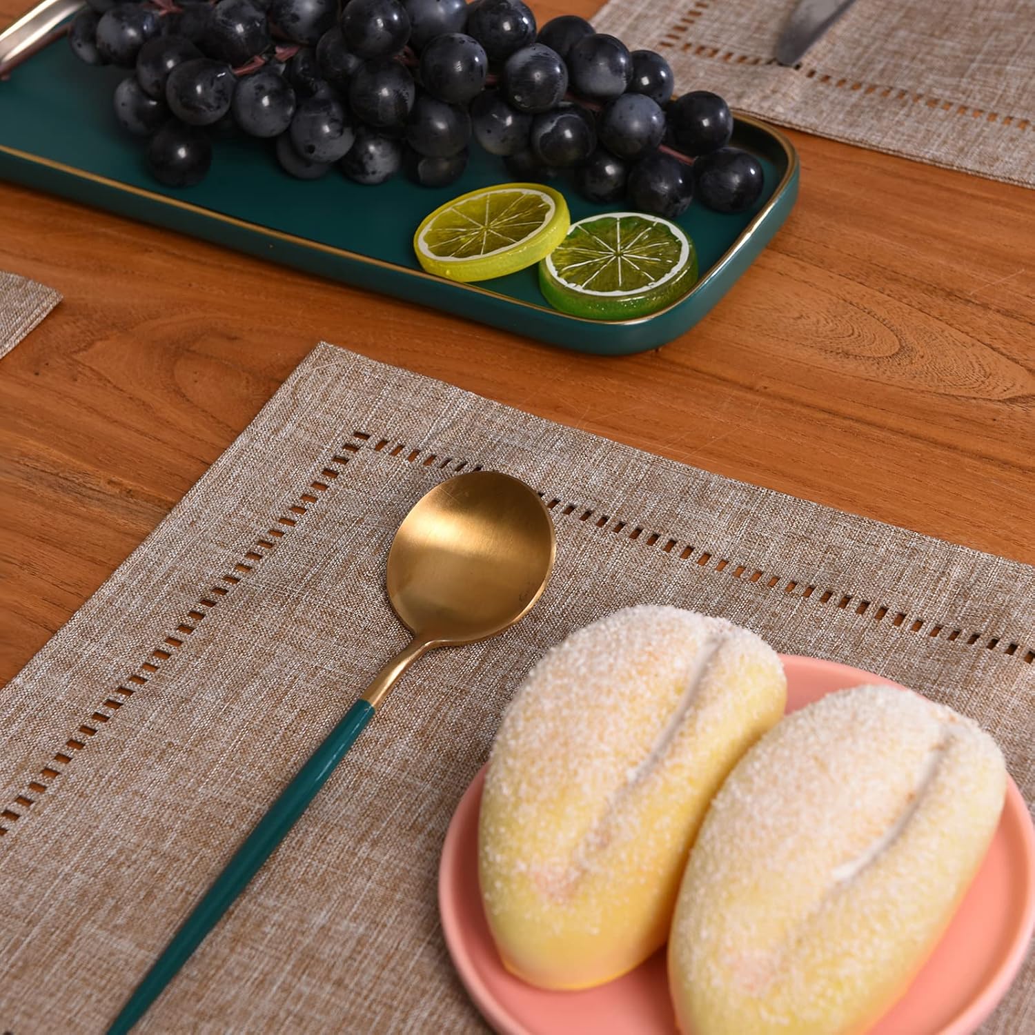 Tosewever Set of 6 Decorative Linen Placemats 12 x 18 Inches, Farmhouse Style Table Mats for Everyday Dining Wedding Party Holiday Home Decor (6 Pieces 12 x 18”, Light Coffee/Straight)