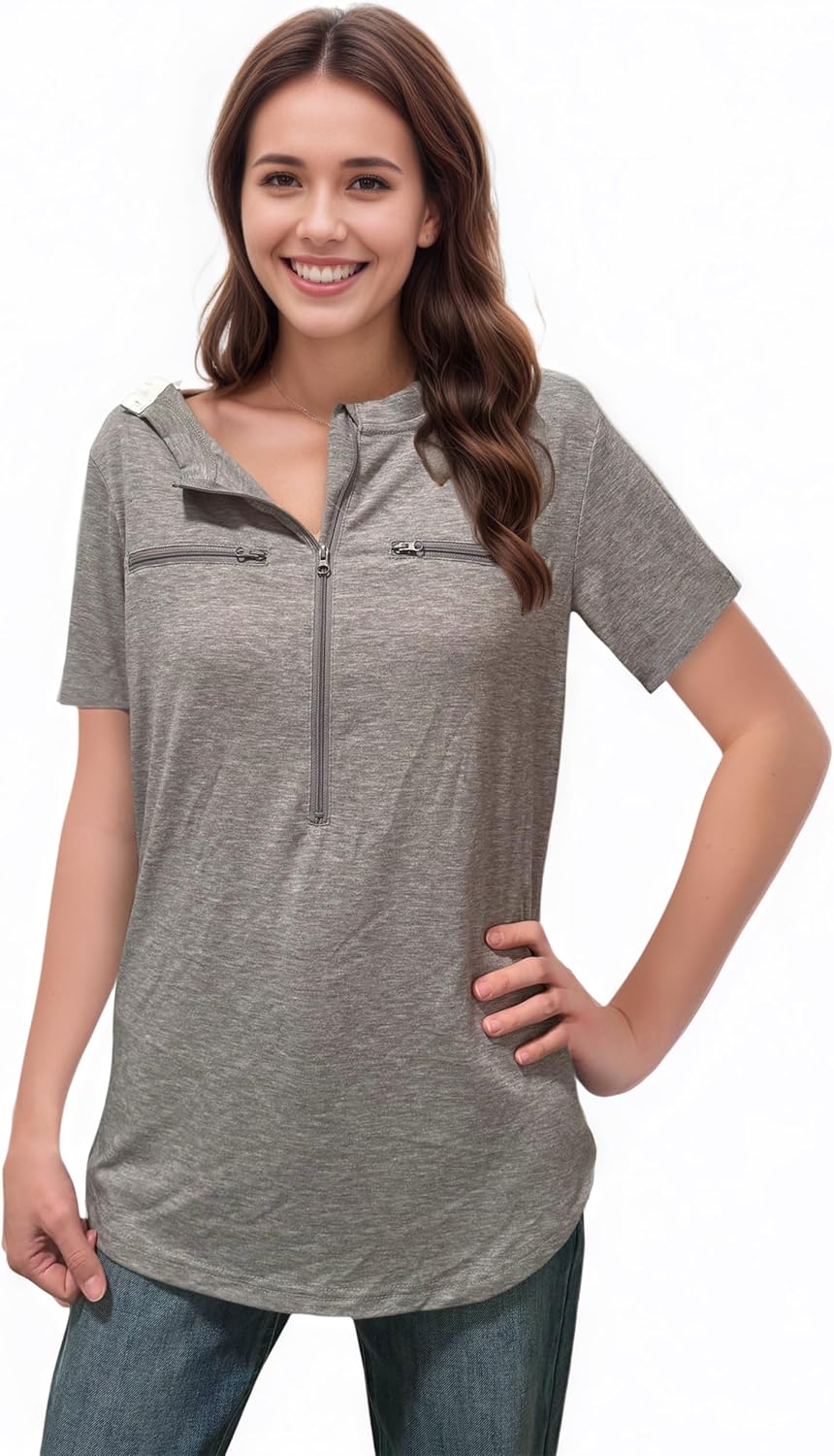 Chemo Port Shirts for Women 2 Side Snaps Short Sleeve Port Access Shirt Soft Dialysis Breast Cancer Recovery Clothing