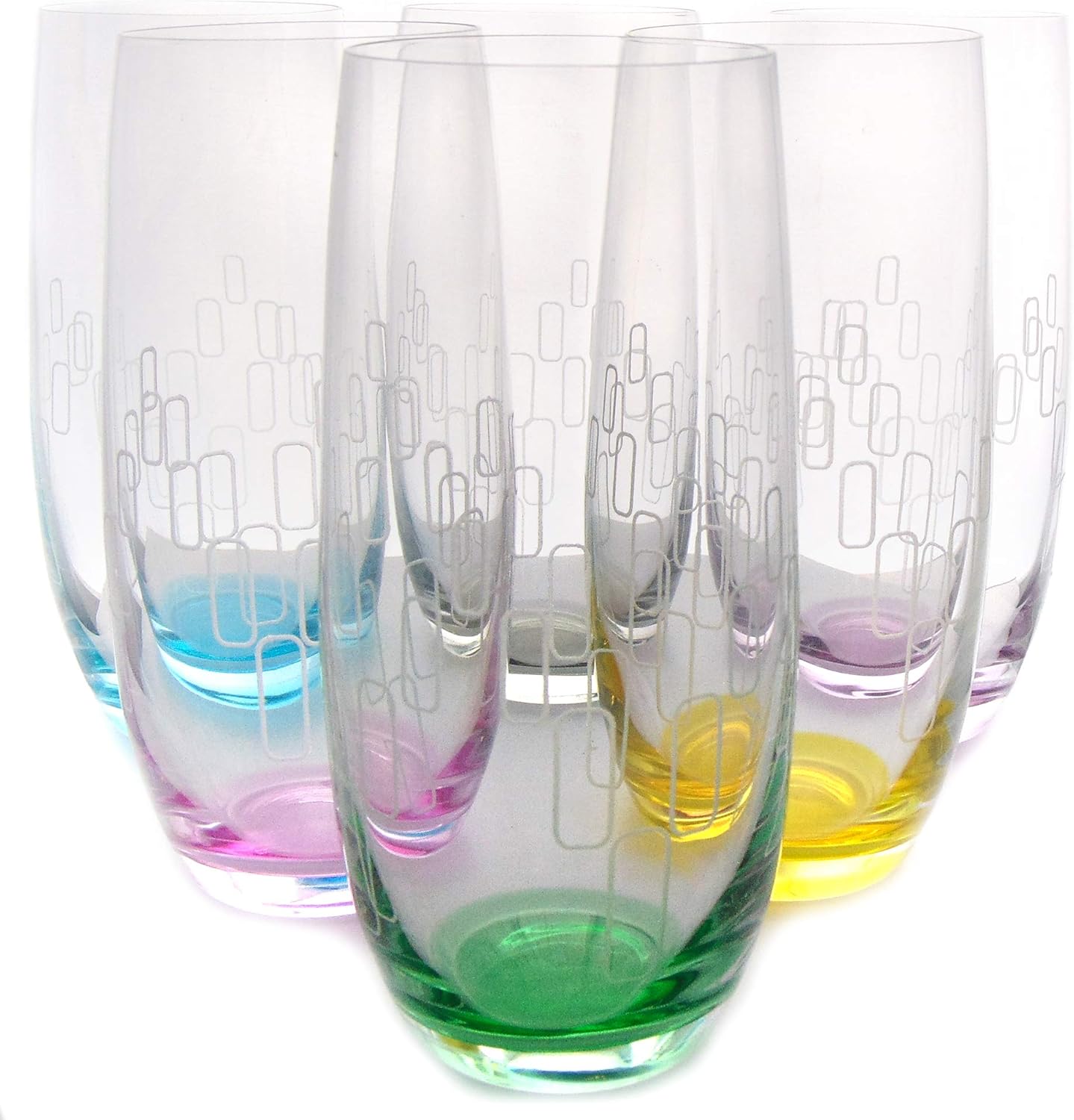 Elegant and Modern Decorative Club Rainbow Design Cocktail Highball Glass Set for Parties, Events, Wedding, Birthday Programs, and Home Bar - 12 oz Glasses, Set of 6, Assorted Colors