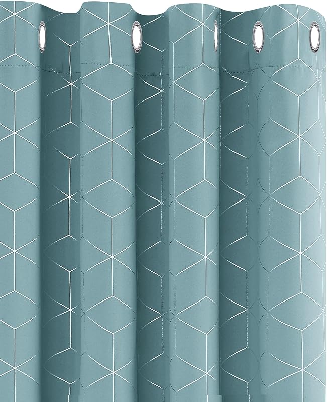 Deconovo Set of 2 Sky Blue Blackout Curtains, Thermal Insulation, Anti-Cold, Diamond Printed Curtains for Living Room, 132 x 114 cm, Children, Bedroom Curtain
