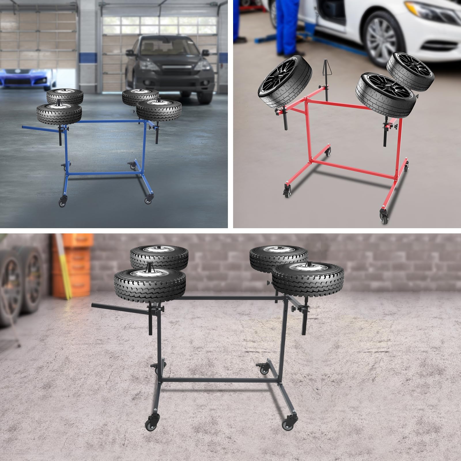 Soporte de pintura profesional para llantas con soportes giratorios 360° y 4 ruedas universales, soporte para 4 llantas (azul)