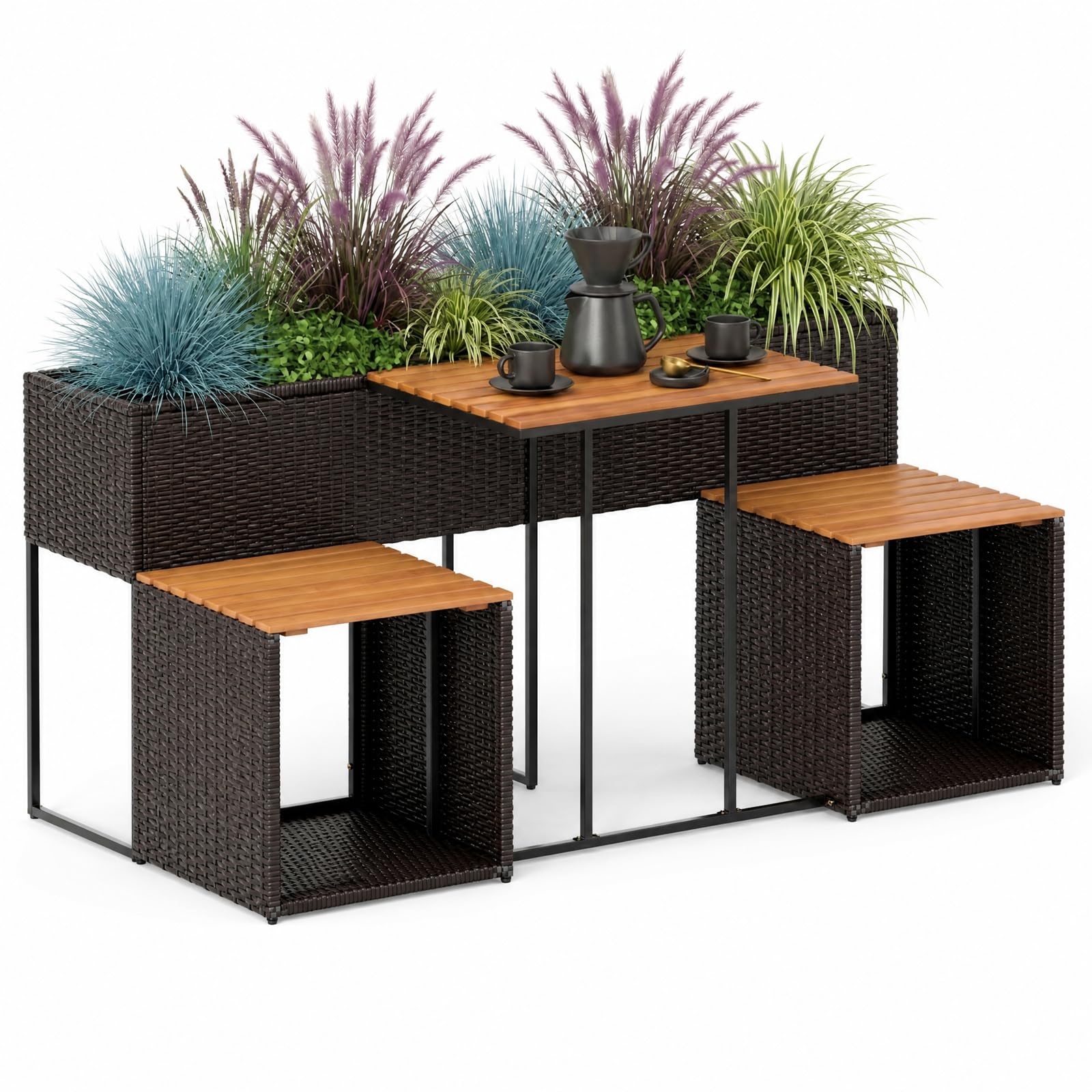 GIANTEX Juego de Muebles de Exterior con Jardinera Elevada, para 2 Personas (Marrón)