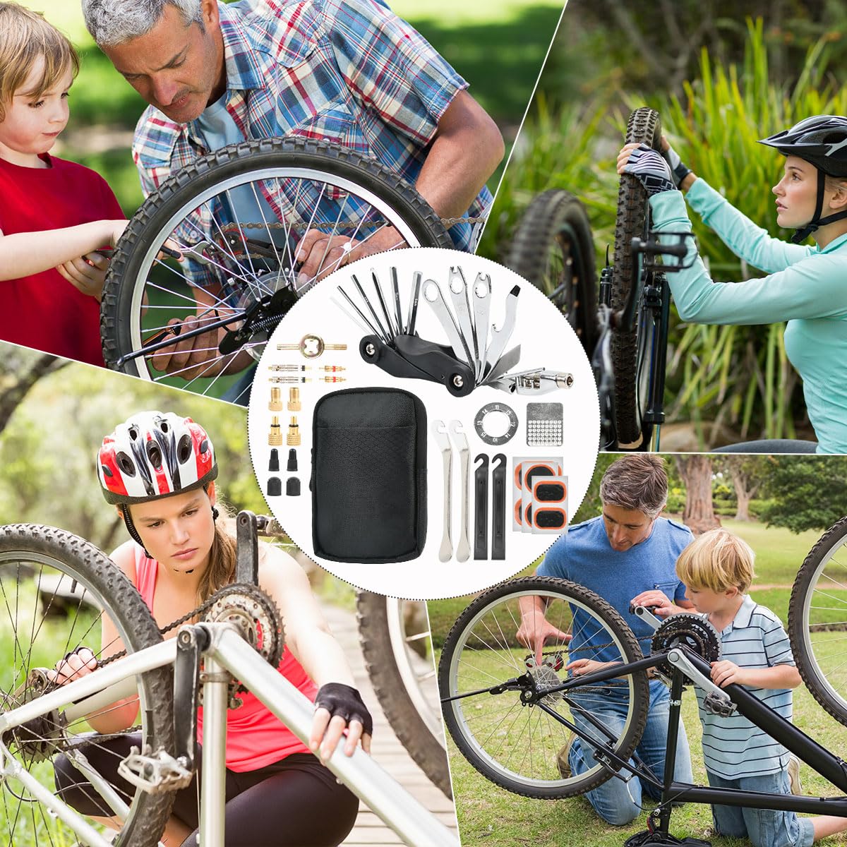 Kit Riparazione per Bici, 37pcs Kit Riparazione Bici, Attrezzi Bicicletta Kit, 17 in 1 Multi Tool Bici con Patch e Leve del Pneumatico etc Accessori Bicicletta Riparazioni, per MTB, Bici