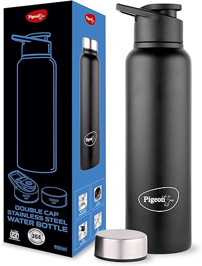 Pigeon by stovekraft Inox Hydra Duo, Dual Cap, Flipper and Fridge in one bottle, Easy to use, Multipurpose all in one bottle 900ml, Black
