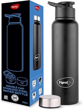 Pigeon Inox Hydra Duo, Dual Cap, Flipper and Fridge in one bottle, Easy to use, Multipurpose all in one bottle 900ml, Black