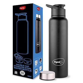 Pigeon Plastic, Stainless Steel Inox Hydra Duo, Dual Cap, Flipper And Fridge In One Bottle, Easy To Use, Multipurpose All In One Bottle 900Ml, Black