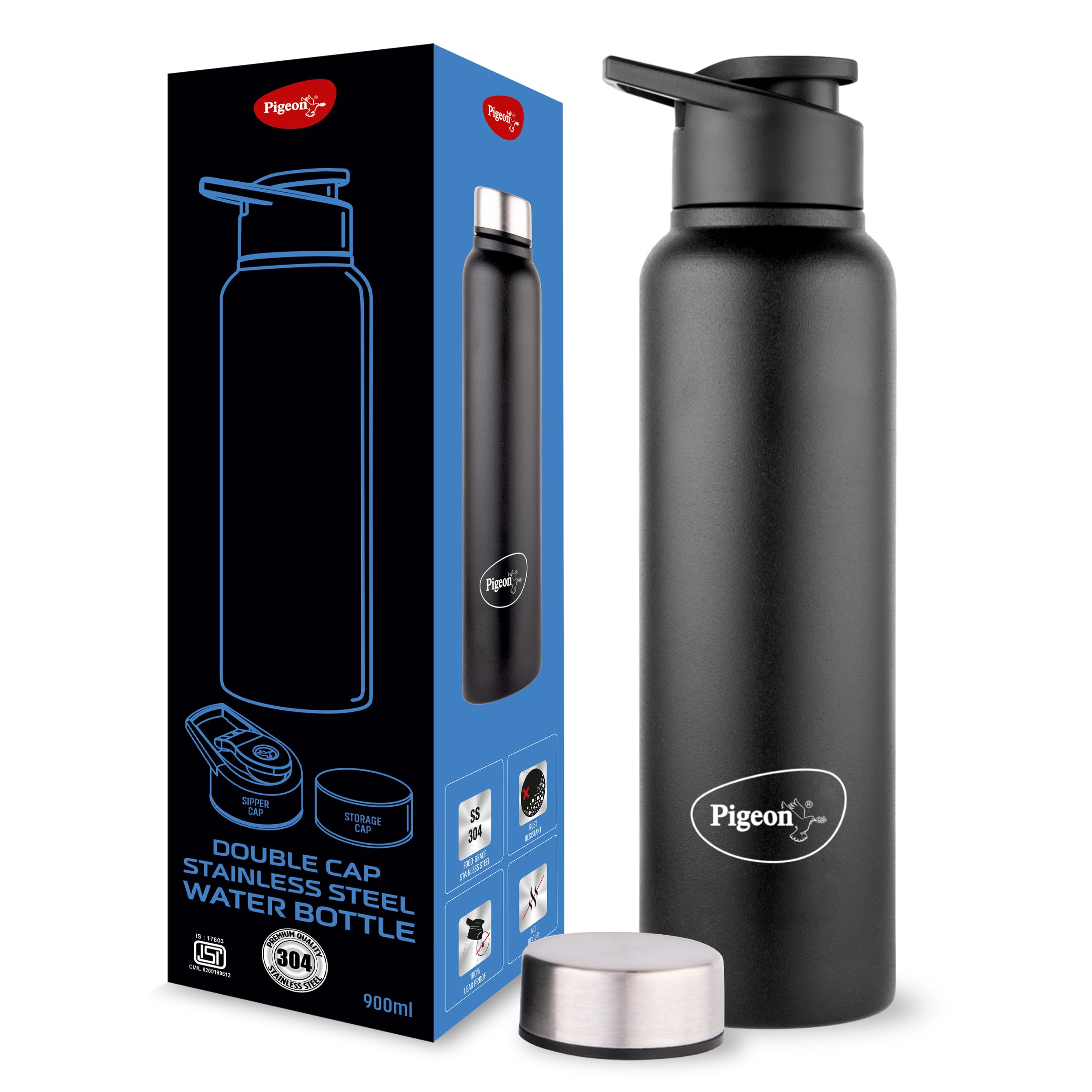 Pigeon Inox Hydra Duo, Dual Cap, Flipper Cap and Fridge Cap in one bottle, Easy to use, Multipurpose all in one bottle 900ml, Black