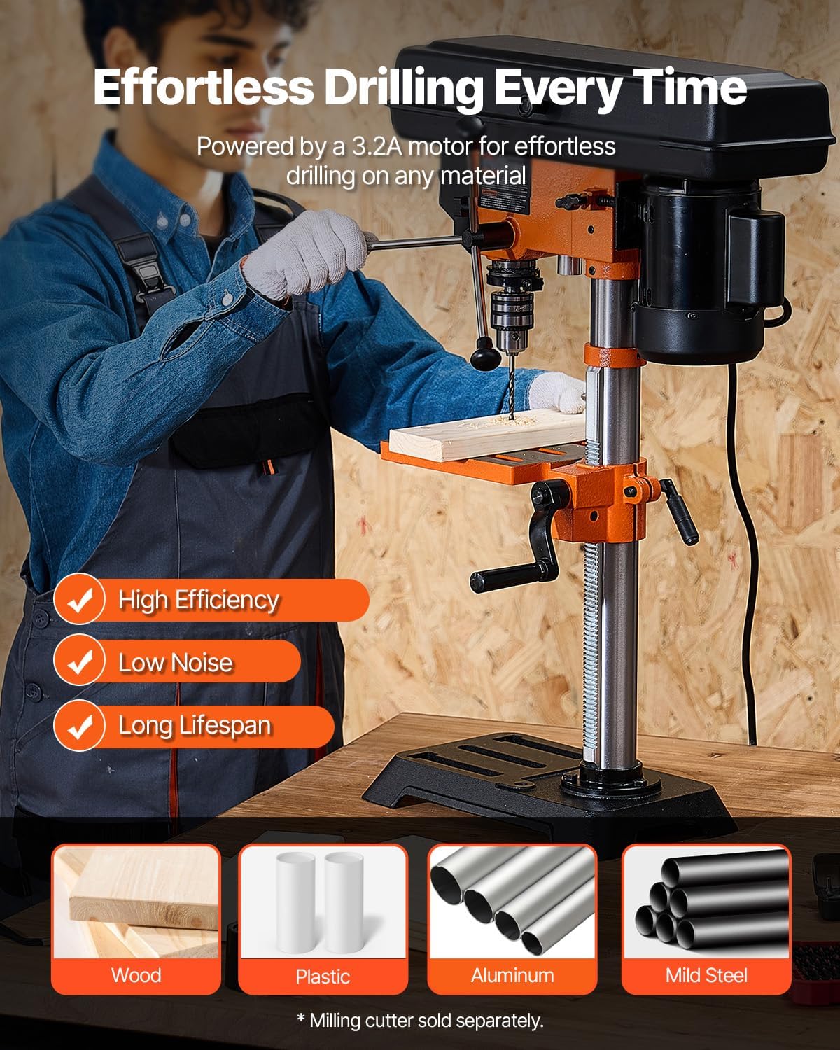 vevor benchtop drill press, 3.2 amp and 5-speed adjustable drill press with 10 in swing, cast iron frame, worktable tilts 0-45°, ideal for drilling wood & metal 10in-3.2a