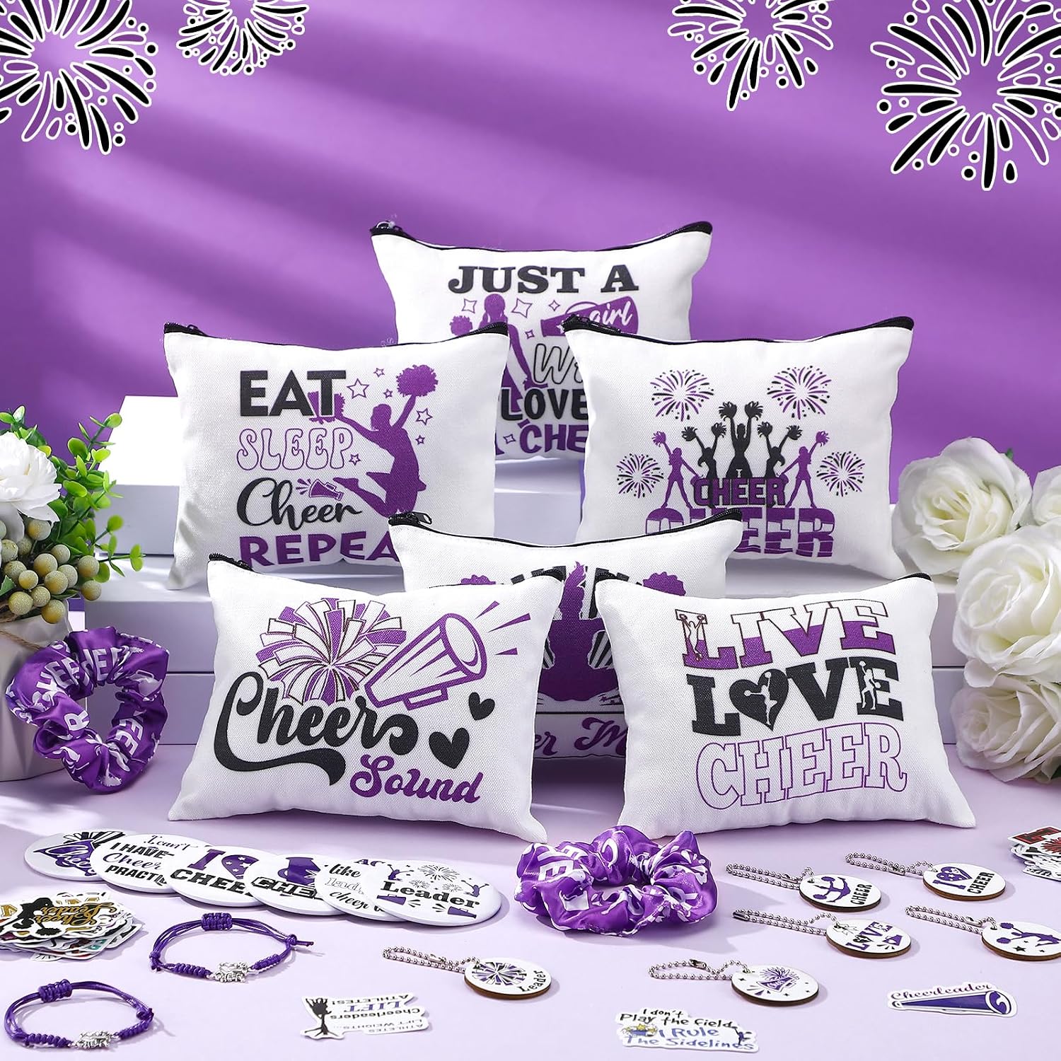 Lyrow 160 Pcs Cheerleader Gifts Bulk for Team Back to School Gift Cheer Scrunchies Hair Ties Makeup Bag Cheer Mirror Bracelet Keychain Sticker for Cheerleader Gift(Purple)