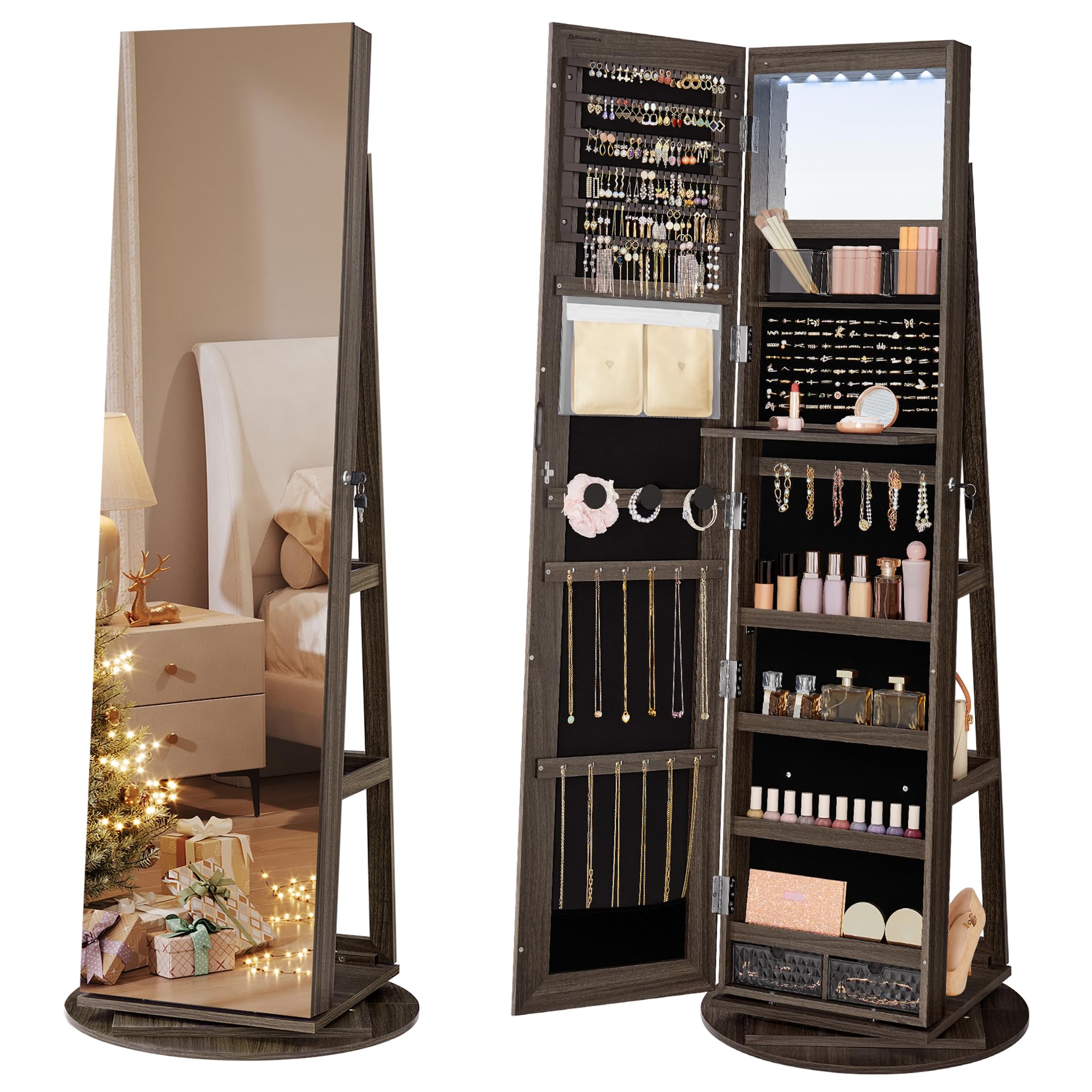 SONGMICS 6 LEDs Lockable Mirror Jewelry Cabinet, 360° Swivel Jewelry Organizer Armoire Standing, Frameless Full-Length Mirror, 3 Storage Shelves, Christmas Gifts, Ash Brown, Black Lining UJJC007K02