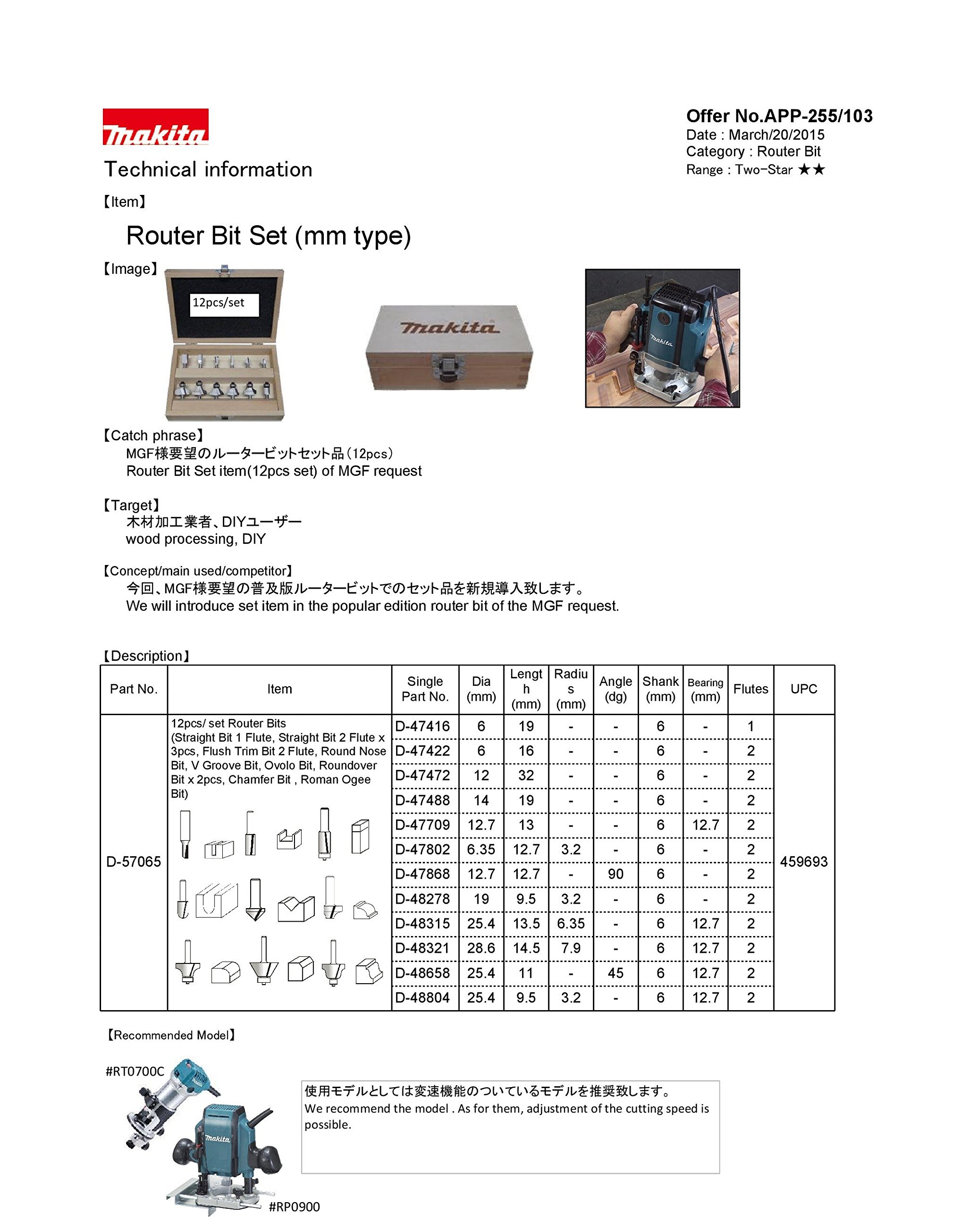 Coffret de 12 Fraises à bois sur queue de 6 mm - MAKITA D-57065