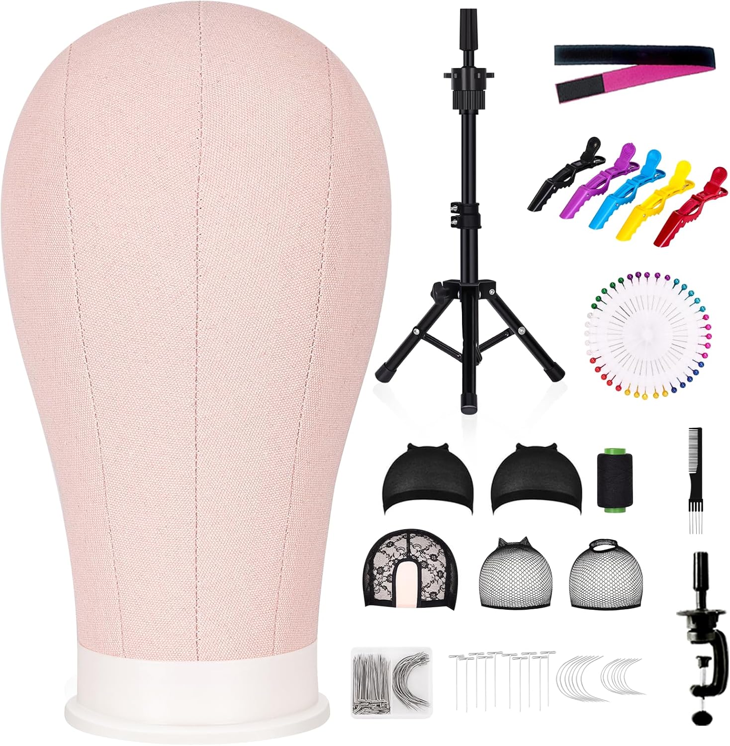 22 Inch Canvas Wig Head Mannequin Head With 63in Tripod Stand, Manikin Canvas Head Set for Wigs Making Display Styling with Tripod Table Clamp Wig Caps Pins Set Hair Brush, Clips(Beige)