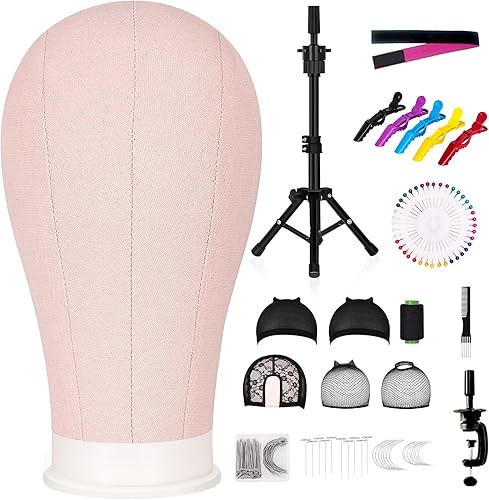 Miniatura 8 de Cabeza de maniquí de lona de 22 pulgadas con soporte de trípode de 63 pulgadas, juego de cabeza de lona para pelucas, exhibición