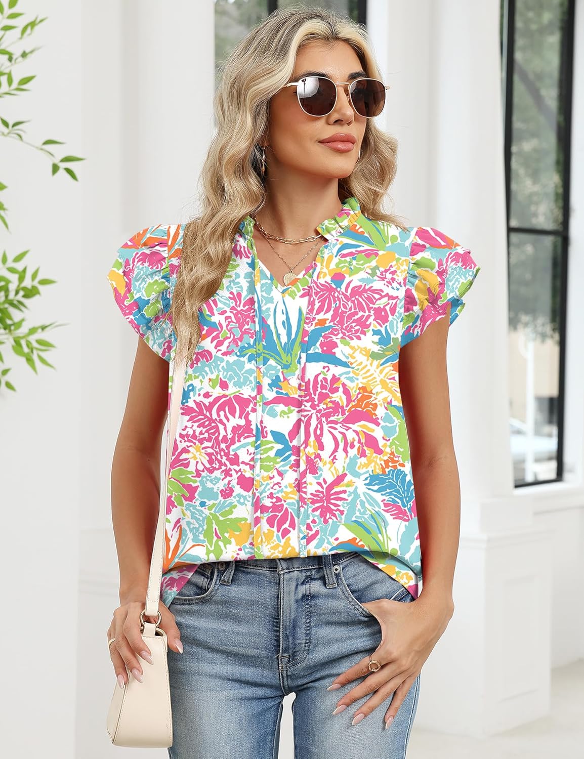 LOMON Floral Summer Tops 2026 Trendy V Neck Ruffle Cap Short Sleeve Drawstring Work Shirts Cute Flowy Boho Chiffon Blouses - Image 4