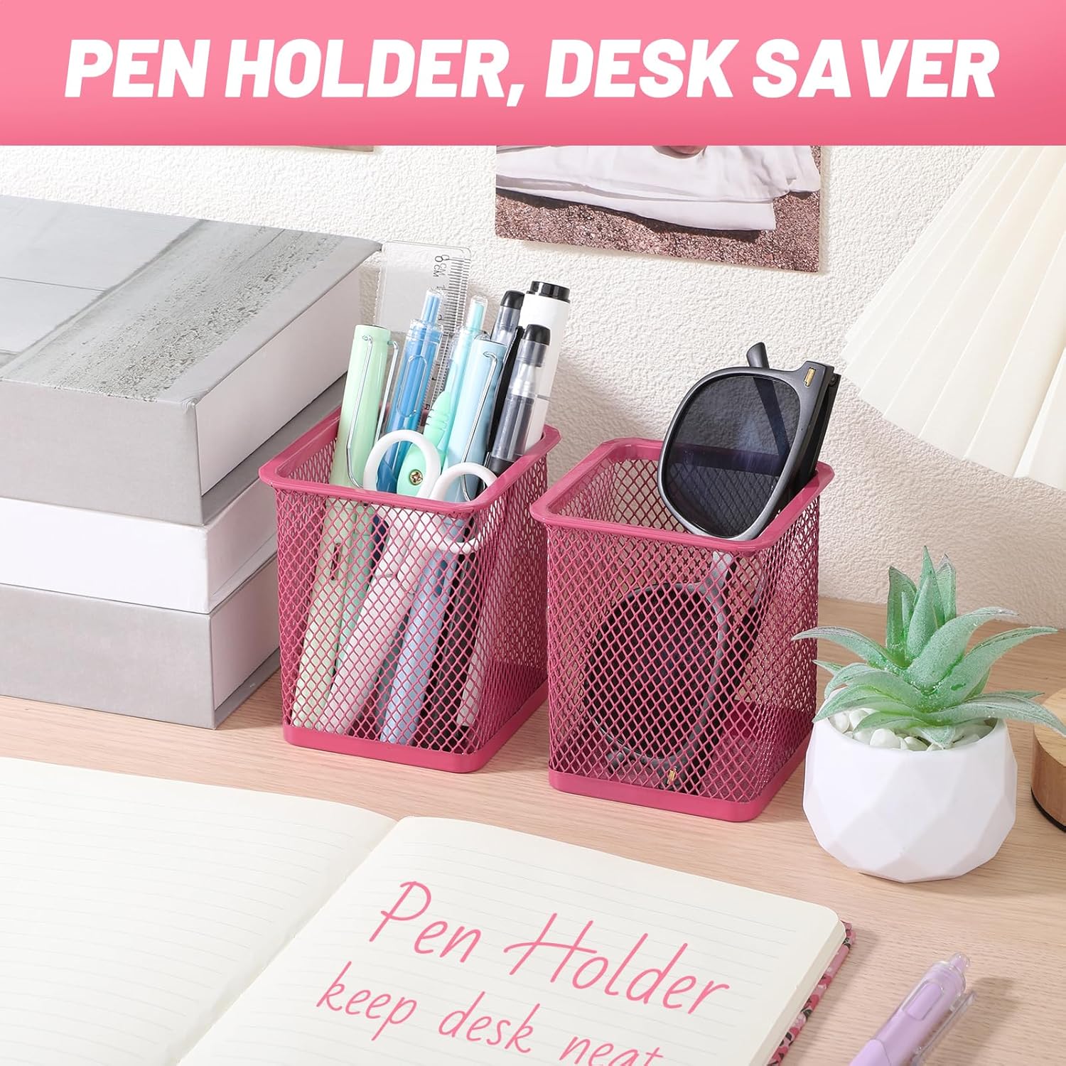 Segarty Pen Cup, 12 Pack Square Dark Pink Pen Holder for Desk, Multifuntional Mesh Pencil Cups Holder for Marker, Office Supplies, School Students, Home, Desktop Accessories Storage Organizer