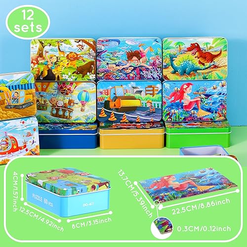 Miniatura 2 de Silipull 12 cajas de rompecabezas de recuerdos de fiesta en una caja de metal para edades de 4 a 8 años, rompecabezas de madera para niños y niñas