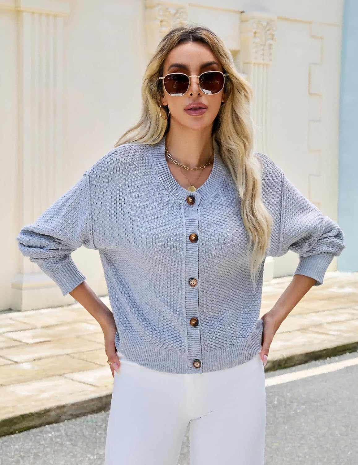 AGSEEM Cropped Cardigan for Women, Button Down Sweaters Long Sleeve Crew Neck Solid Color Tops Knit Comfy Holiday Trendy Tops - Image 2