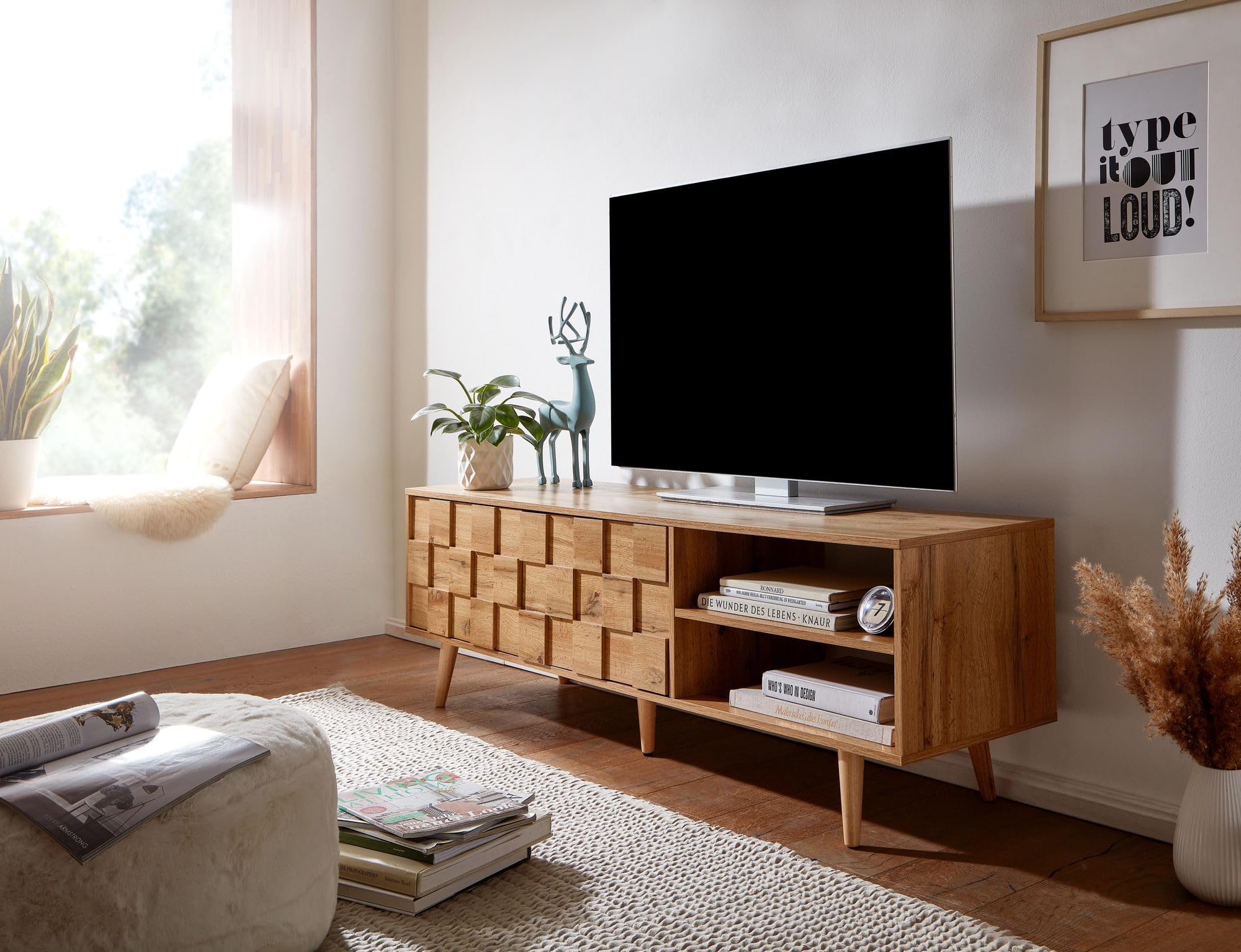 FineBuy Mobile TV 160x40x51 cm Effetto Rovere Marrone | mobile porta TV per TV fino a 70 pollici, tavolino porta TV con 2 ante, vano contenitore per decoder e console