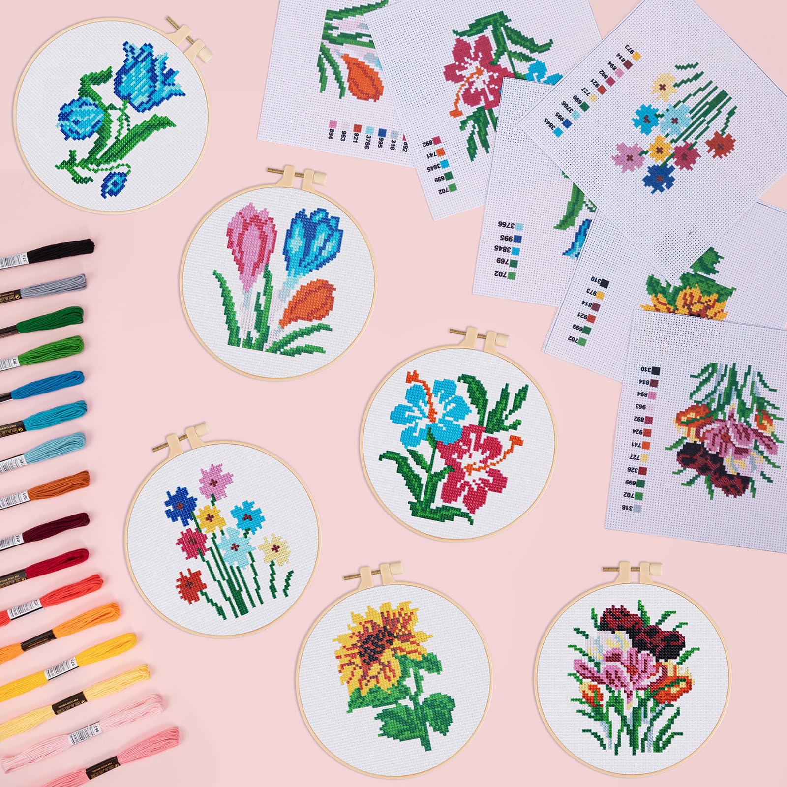 JSRQT 6 pezzi Fiori Kit Punto Croce per Principianti Adulti Bambini, Kit per Ricamo a Punto Croce Fatto a Mano per Amanti Fai da Te con Strumento, 2 Telai da Ricamo, Istruzioni, Ago e Filo