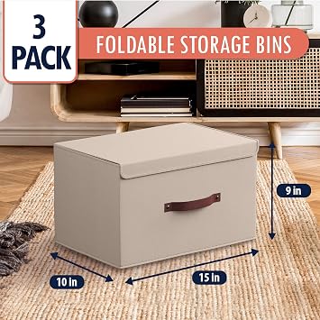 Ornavo Home 3 Pack Collapsible Storage Bins with Lid, Foldable Linen Fabric Shelf Storage Basket Closet Organizer and Large Storage Box for Clothes with Leather Handles, 15 x 10 x 9, Beige