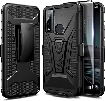 NZND Case for TCL 4X 5G T601DL / TCL 20 A 5G with Tempered Glass Screen Protector Maximum Coverage, Belt Clip Holster Kickstand, Heavy Duty Protective Shockproof Armor Defender Case Black