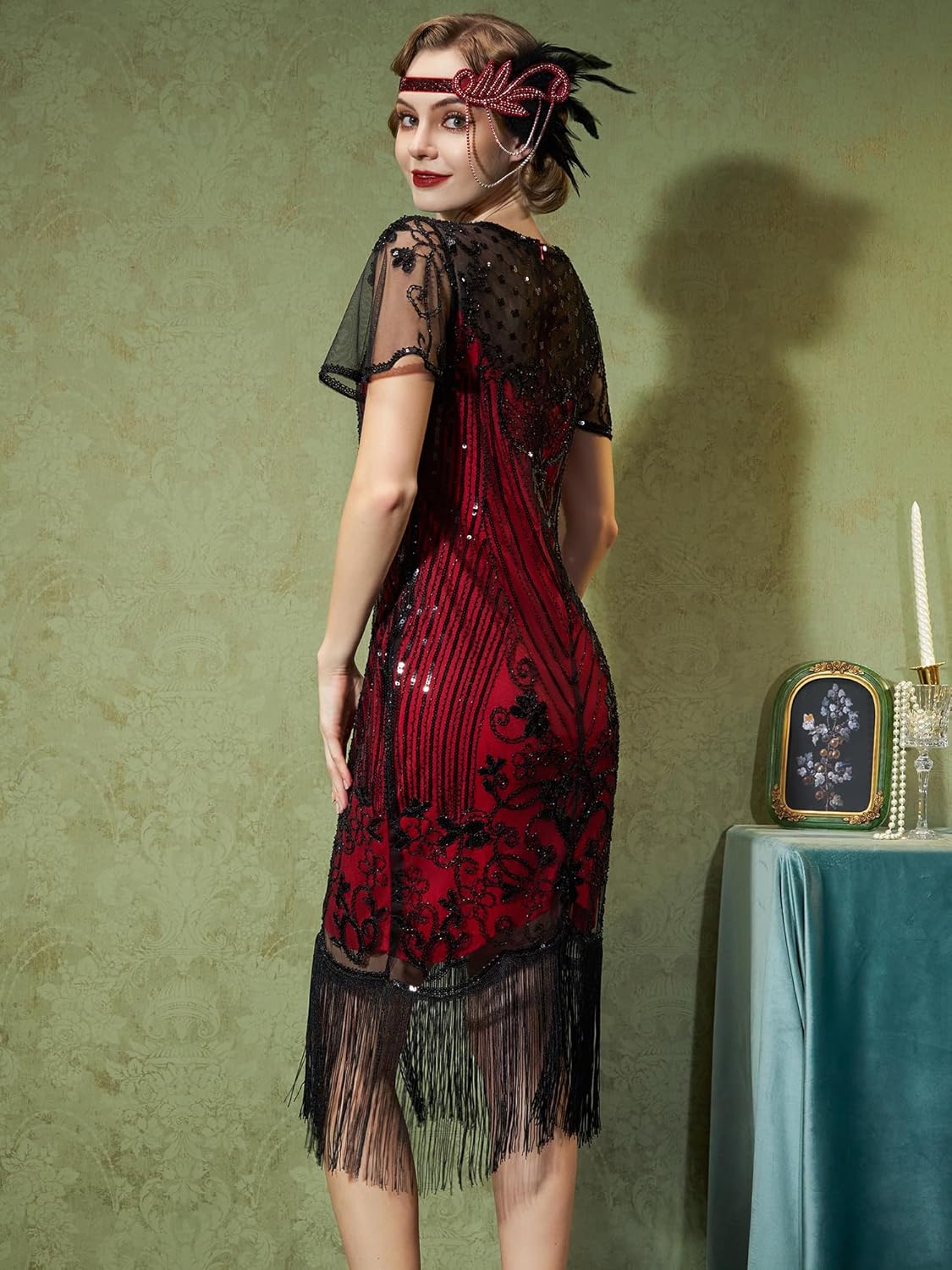 SWEETV Flapper Dresses 1920s Dresses for Women,Crew Neck Great Gatsby Dresses with Sleeve Roaring 20s Dress for Harlem Nights - Image 3