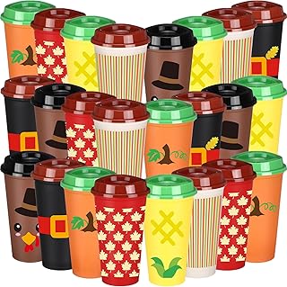 24 Pcs Thanksgiving Reusable Coffee Cups Gift Bulk 16 oz Fall Autumn Tumblers with Lid Pumpkin Turkey Plastic Mug Thank You Gifts for Hot and Cold Drinks Thanksgiving Party Favors Supplies