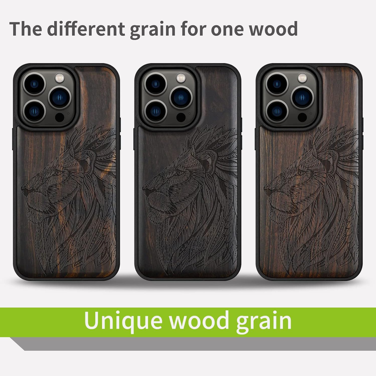Carveit Magnetic Wood Case for iPhone 14 Pro - Natural Wood & Black Soft TPU - Shockproof Protective Cover - Unique & Classy Wooden Case - Compatible with MagSafe - Hand Drawn Lion - Black