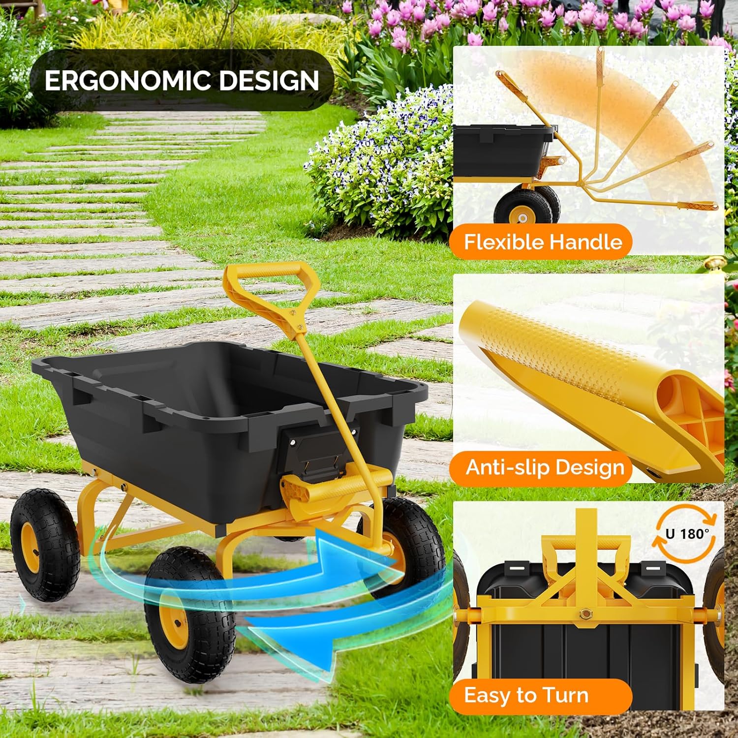 VINGLI Heavy Duty Dump Cart Wagon, 800LBS Quick-Release Dump Poly Wheelbarrow, 10in All-Terrain Pneumatic Tires Garden Wagon for Garden, Yard, Beach