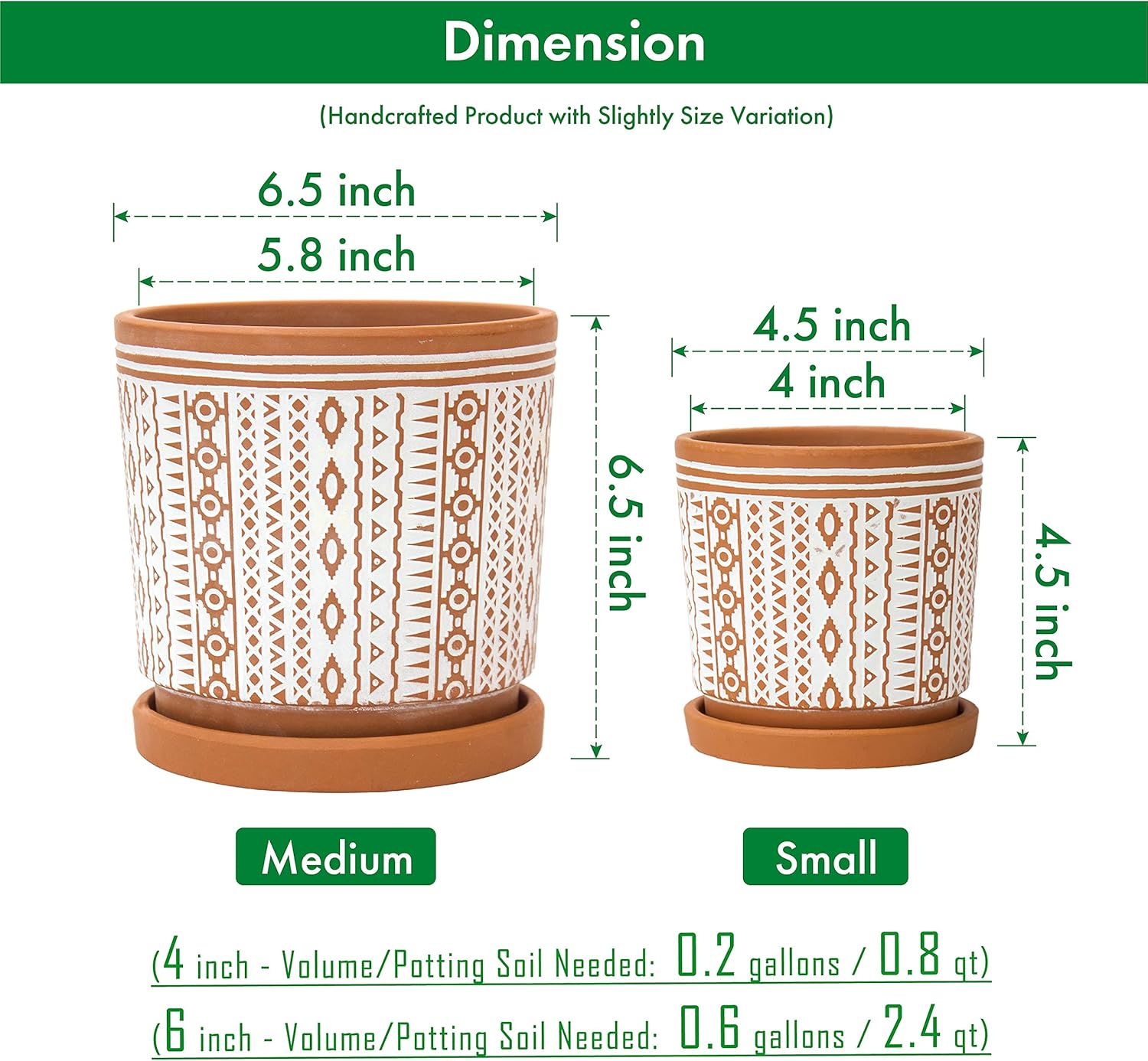 D'vine Dev Set of 2 Terracotta Pots, 4 Inch & 6 Inch, Planter Pots for Plants with Drainage Holes and Saucers, Terracotta/White, Small, 31-958-A-1