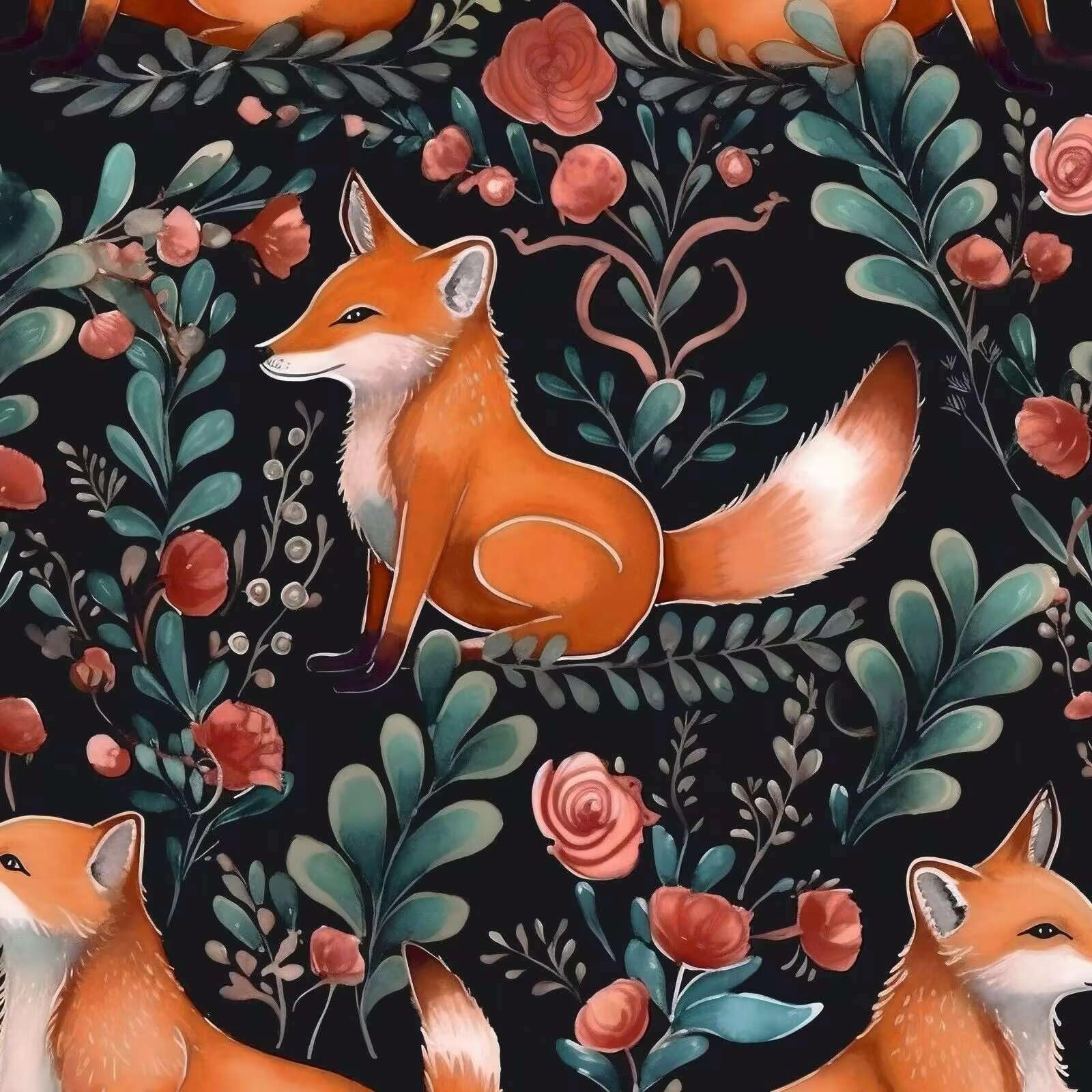 Animal Fox Wallpaper Peel and Stick Vintage Floral Contact Paper for Cabinet Tabletop Walls Drawer Removable Renter Friendly Black Orange 17.5 x 118In