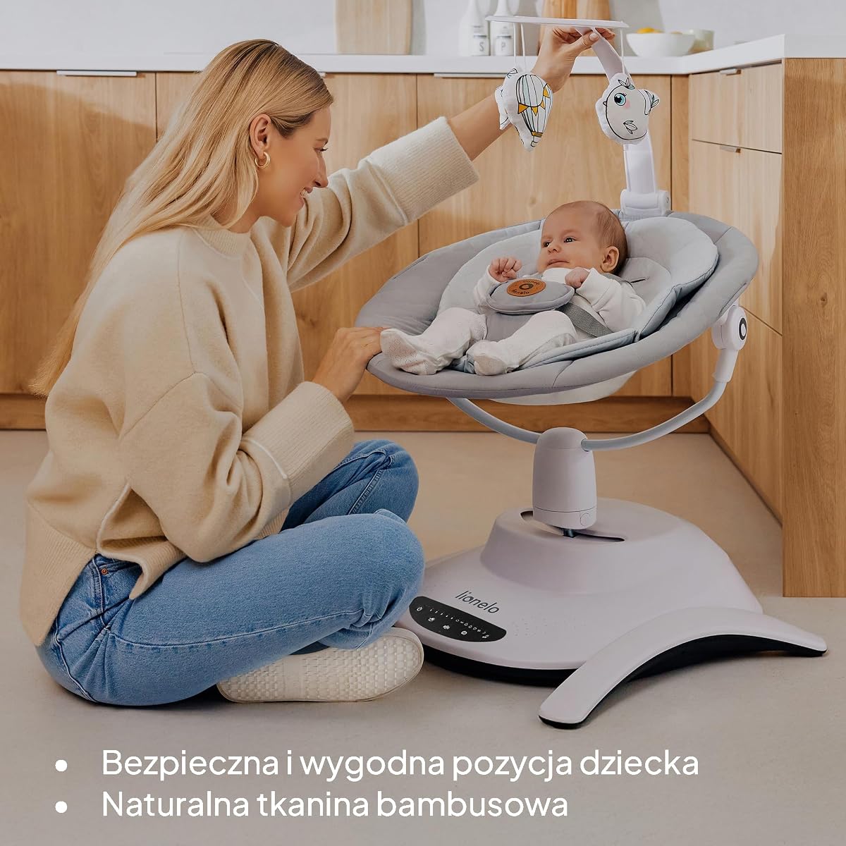 LIONELO Bella zestaw 2 w 1 elektryczny kołyska dla niemowląt, 360o gondola dla niemowląt do 9 kg, regulowane oparcie, 5 prędkości huśtawki, antypoślizgowy pas bezpieczeństwa