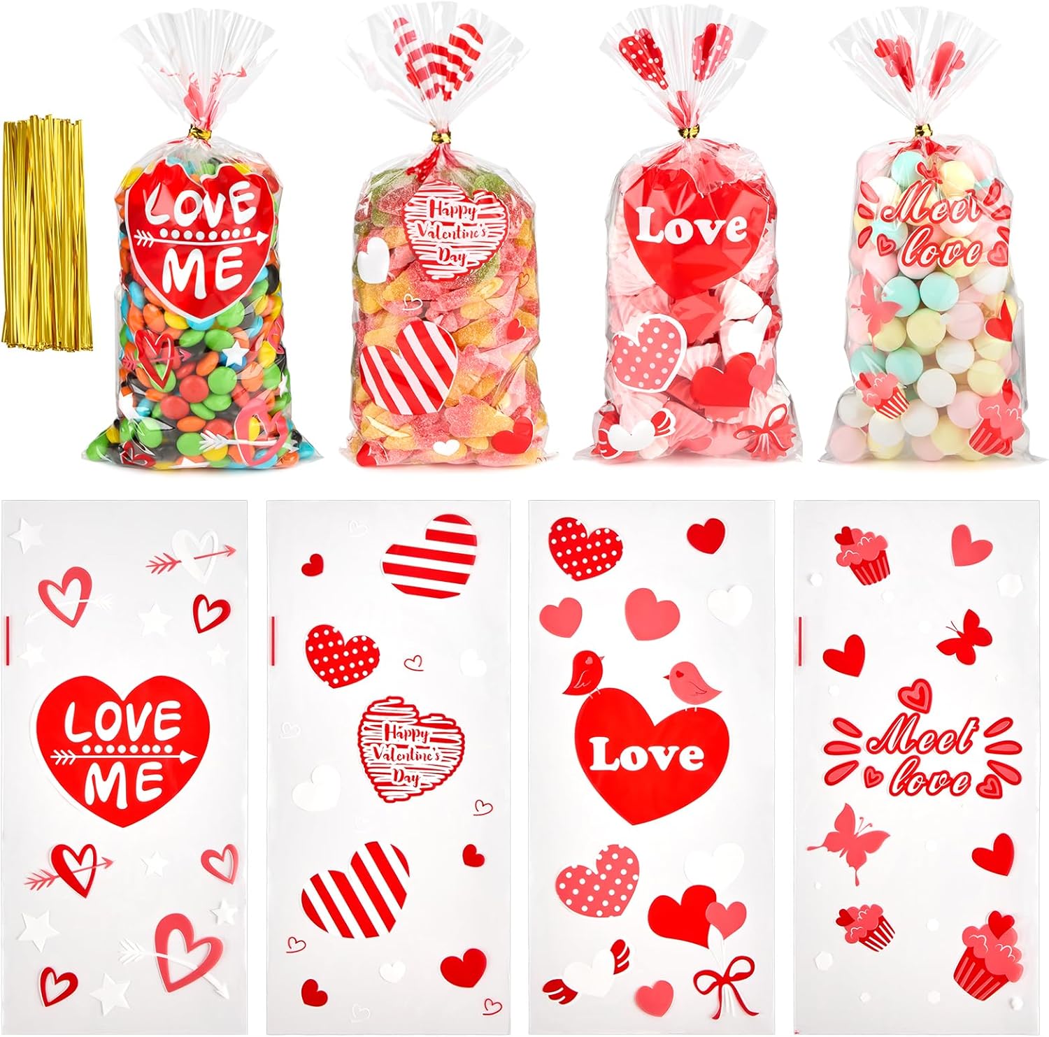 Ohuimrt Valentines Cellophane Treat Bags, 100 PCS Red Heart Valentines Day Gift Bags with Ties, Clear Goodie Bags for Snack Candy Cookie Party Favor Packaging