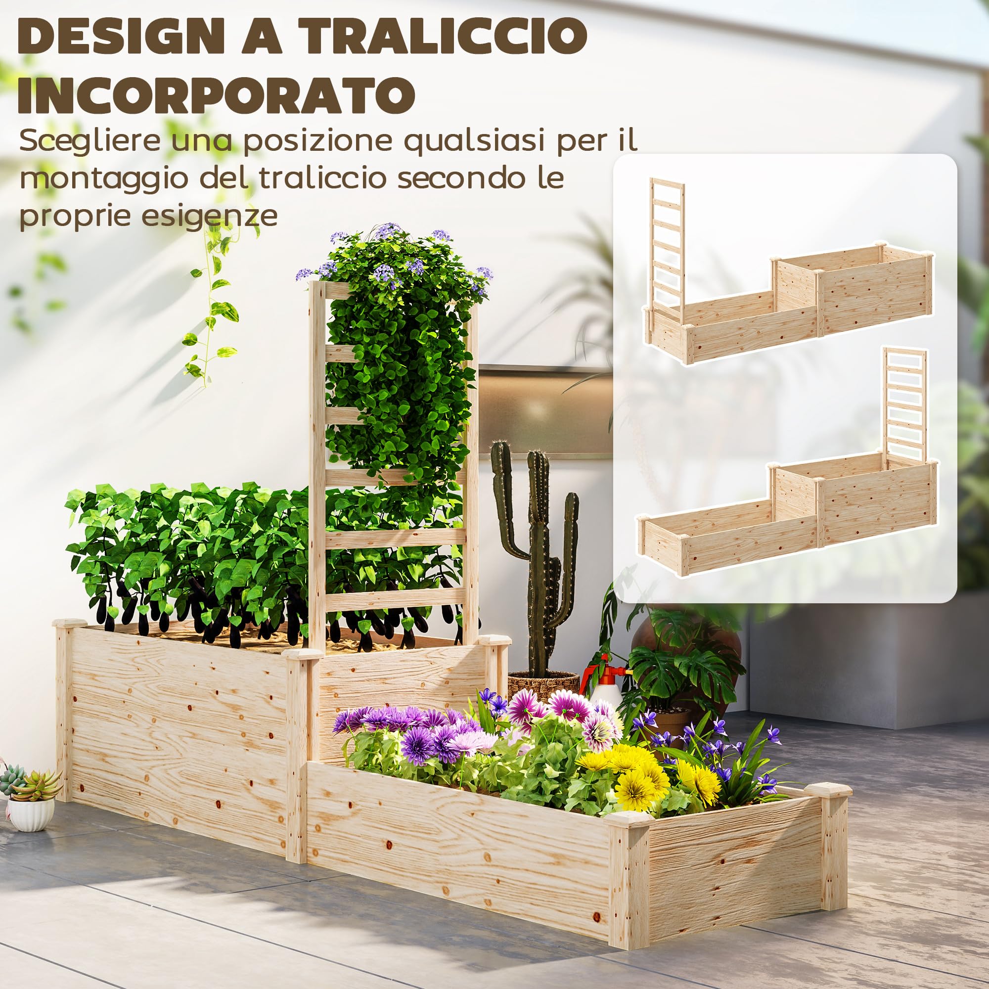 Outsunny Letto per Orto Rialzato da Esterno con Grigliato, Fondo Aperto e 2 Divisorio, Fioriera con Traliccio per Piante Rampicanti in Legno di Abete, per Balcone, 222x63x132 cm, Color Legno