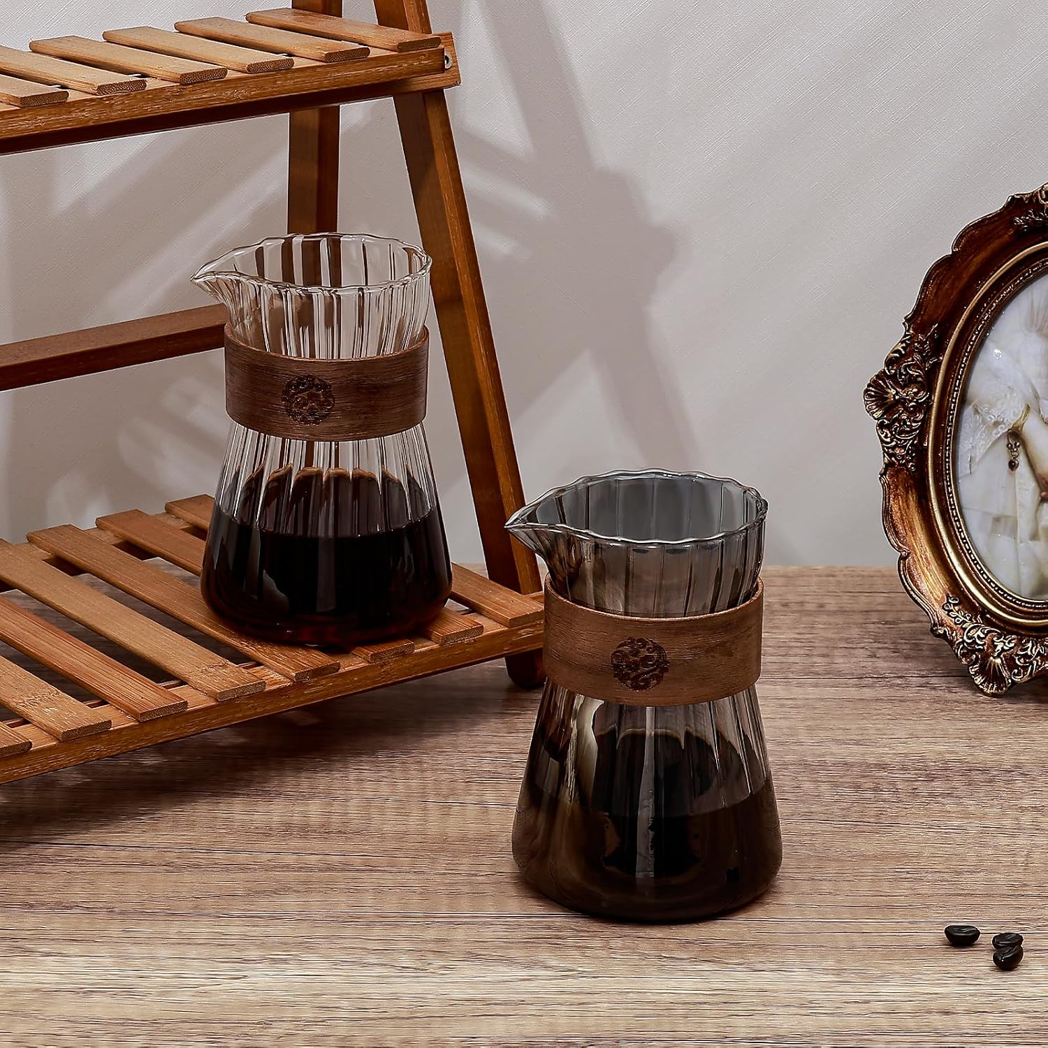 Coffee Carafe, 16oz Small Glass Coffee Server Carafe Pot, Pour Over Coffee Maker Decanter Pitcher with Heat-Resistant Wood Ring (2-Gray)