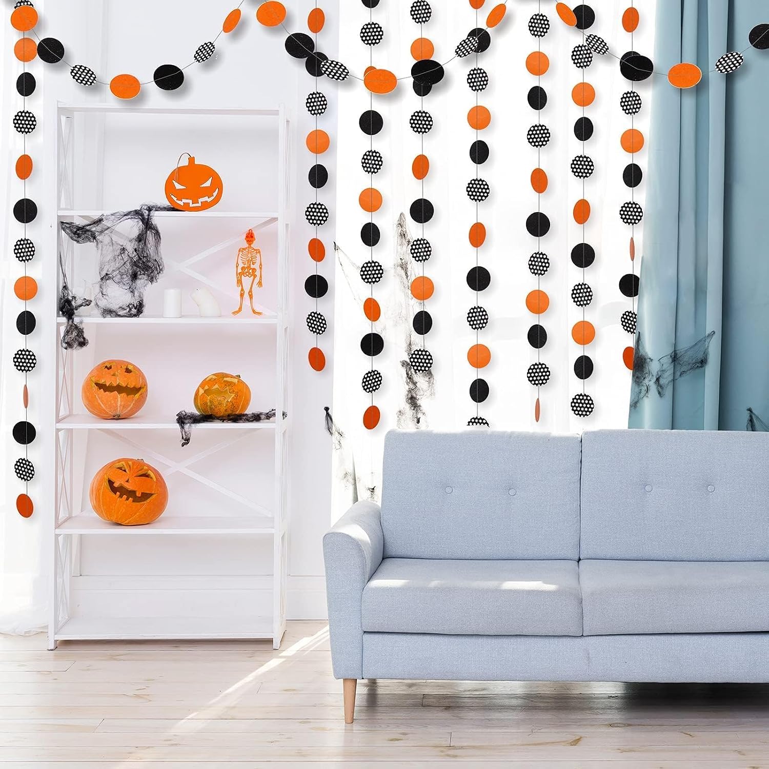 Cheerland Orange Halloween Garland Halloween Party Decorations Polka Dot Circle Streamers Banner Cute Spooky Birthday Party Themed Decor Kids Adult Fall Orange and Black Office Classroom Backdrop 52Ft