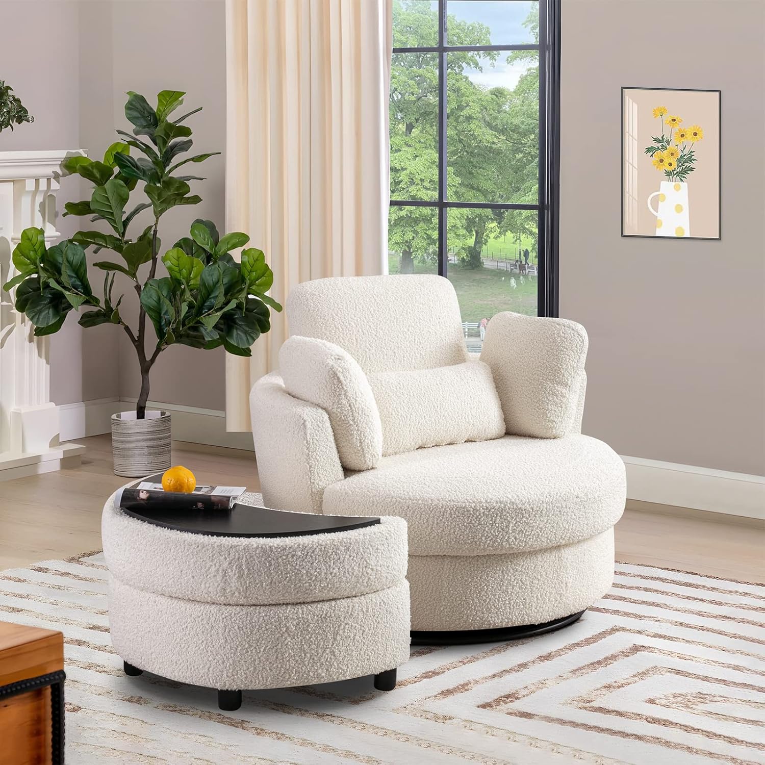 Chair and A Half with Ottoman, 360° Swivel Chair Modern Circle Round Love Seat Sofa Couch Set Big Comfy Accent Barrel Chairs Living Room Bedroom Lounge Reading Corner Furniture with 4 Pillows (White)