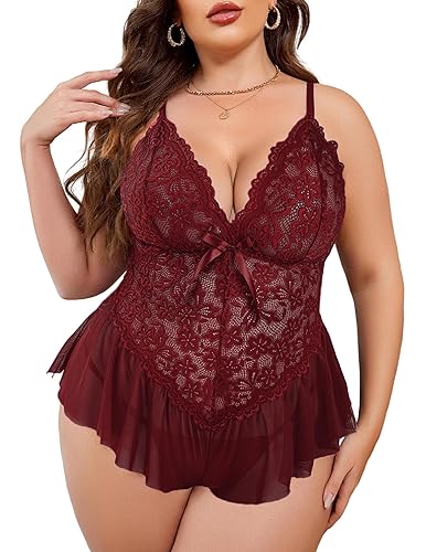 Avidlove Plus Size Lingerie for Women Lace Bodysuit One Piece Teddy Babydoll Mesh Chemise V Neck Sleepwear L-5XL - Burgundy - Large