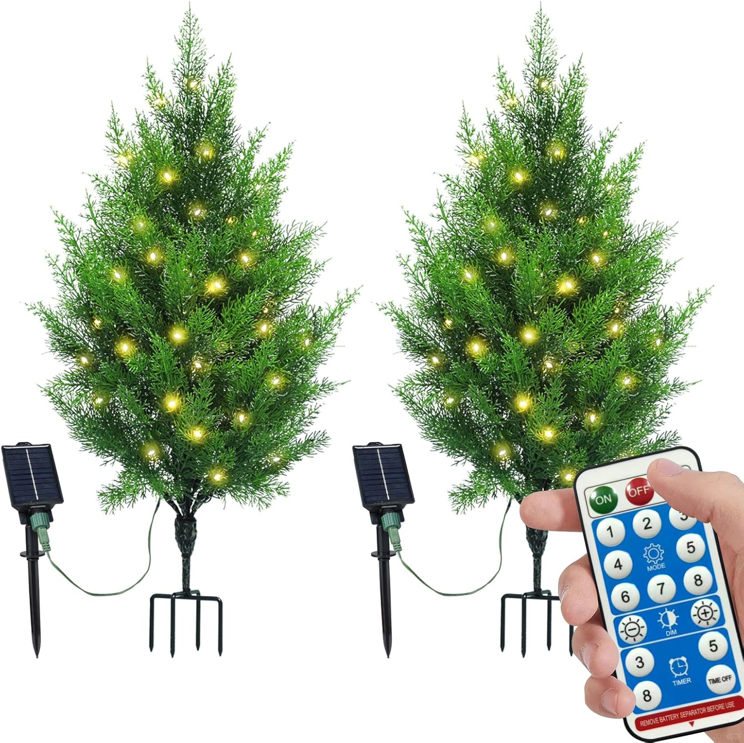 Gfialy Solar Powered Pre-Lit Artificial Shrubs, Set of 2 UV-Resistant Faux Cypress Topiary Trees for Outdoor Porch, Garden and Walkway Decor (34 inch)
