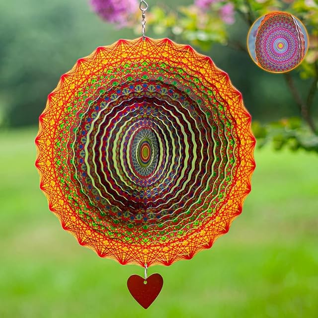 Wind Spinner 12 inches  3D Stainless Steel  Laser Cut Metal Art Geometric Pattern - Hanging Wind Spinner, Kinetic Yard Art Decorations - Indoor/Outdoor Decor (Thangka)