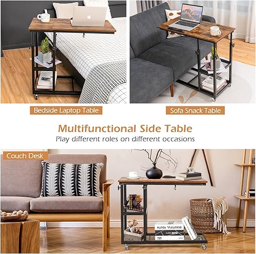 Miniatura 9 de Tangkula Mesa auxiliar en forma de C ajustable en altura con ruedas con cerradura, mesa de escritorio móvil con mesa inclinable, soporte para sofá,