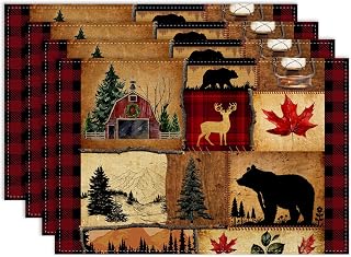 Retro Bear Placemat Set of 4, 12x18 Inch Rustic Farmhouse Red Buffalo Plaid Wildlife Paw Print Deer Forest Tree Cabin Country Lodge Coffee Table Mats for Outdoor Kitchen Dining Table Decoration