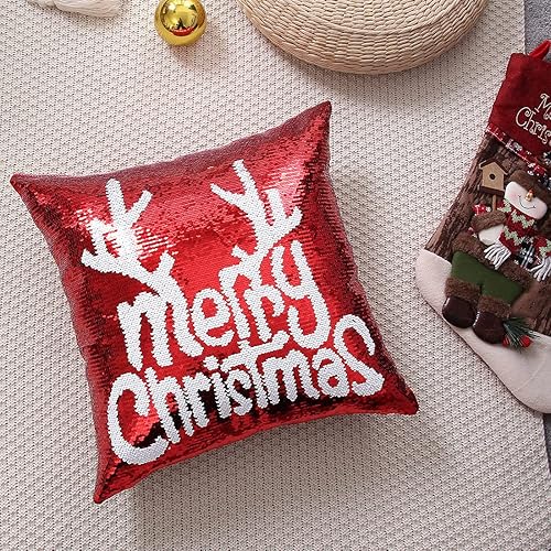 Miniatura 6 de EL Station Juego de 4 fundas de almohada de lentejuelas navideñas de 18 x 18 pulgadas, color rojo, reversible, con lentejuelas, diseño de sirena