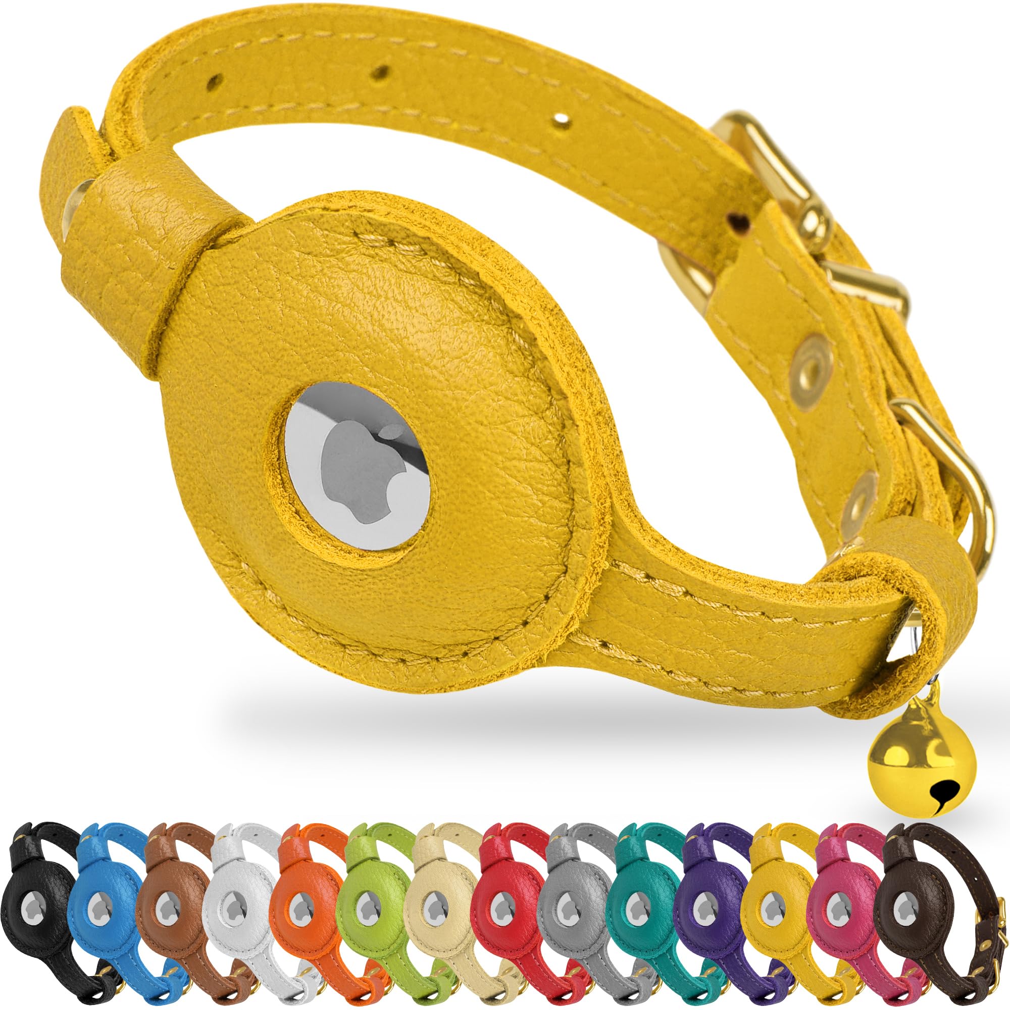 OOPSDOGGY Cat Collar with Bell for AirTag, Non Breakaway Leather Kitten Collar with Apple Air Tag Holder