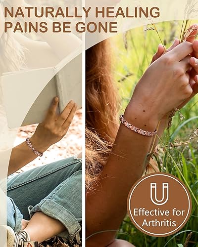 Miniatura 8 de Feraco Pulsera magnética de cobre puro para mujer, 0.315 in, 99.99% de cobre sólido y 3500 cuentas de hematita magnética Gauss, pulsera elástica