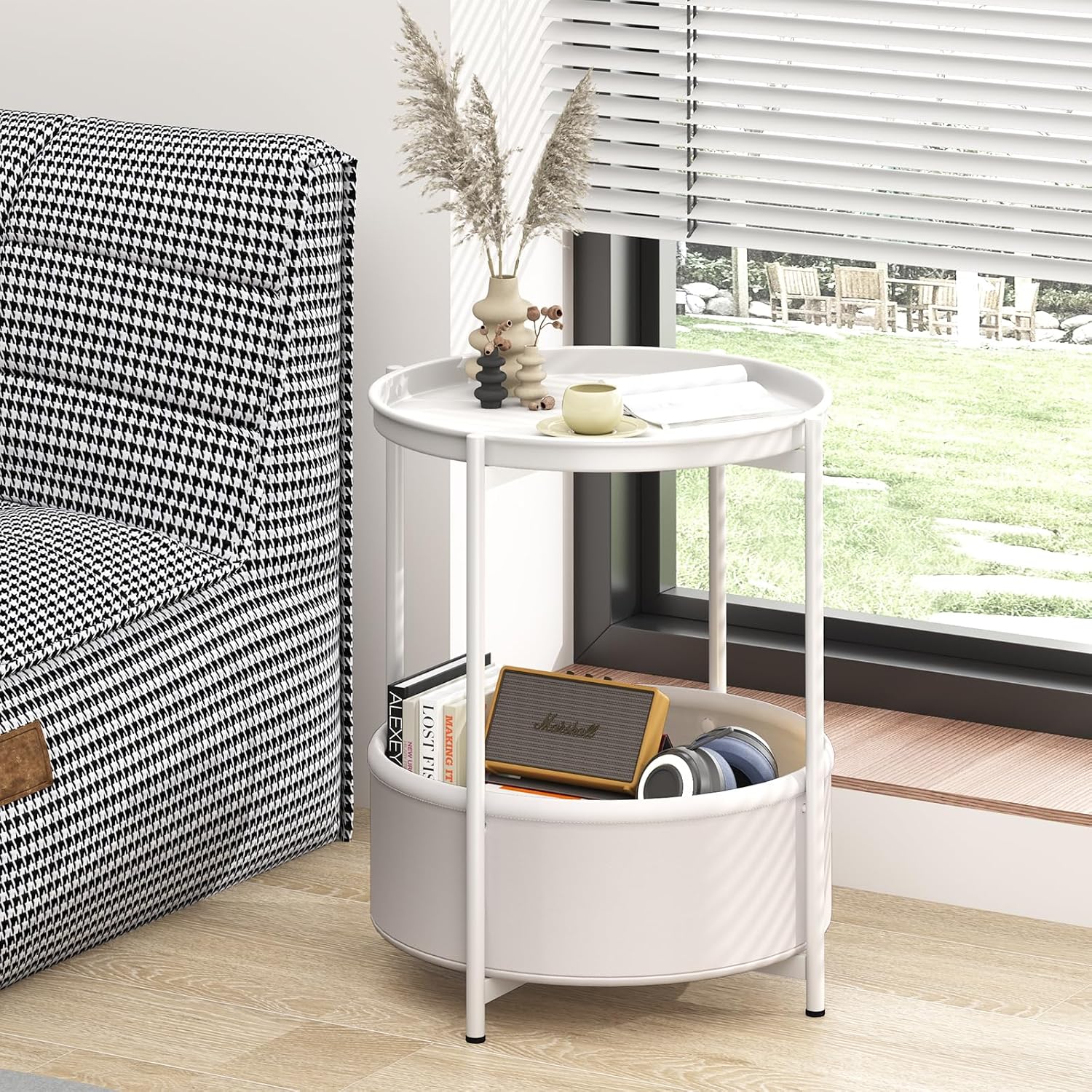 Garden 4 you Side Table with Fabric Storage Basket, Round Metal End Table, Small Bedside Table Nightstand with Removable Tray, for Nursery, Living Room, Bedroom, Bathroom, White