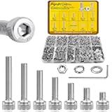 Fgruh 1260pcs M2 Screw Assortment kit, M2*4mm/6mm/8mm/10mm/12mm/16mm/20mm 304 Stainless Steel Hex Socket Head Cap Screw Bolts Nuts Flat & Lock Washer Set