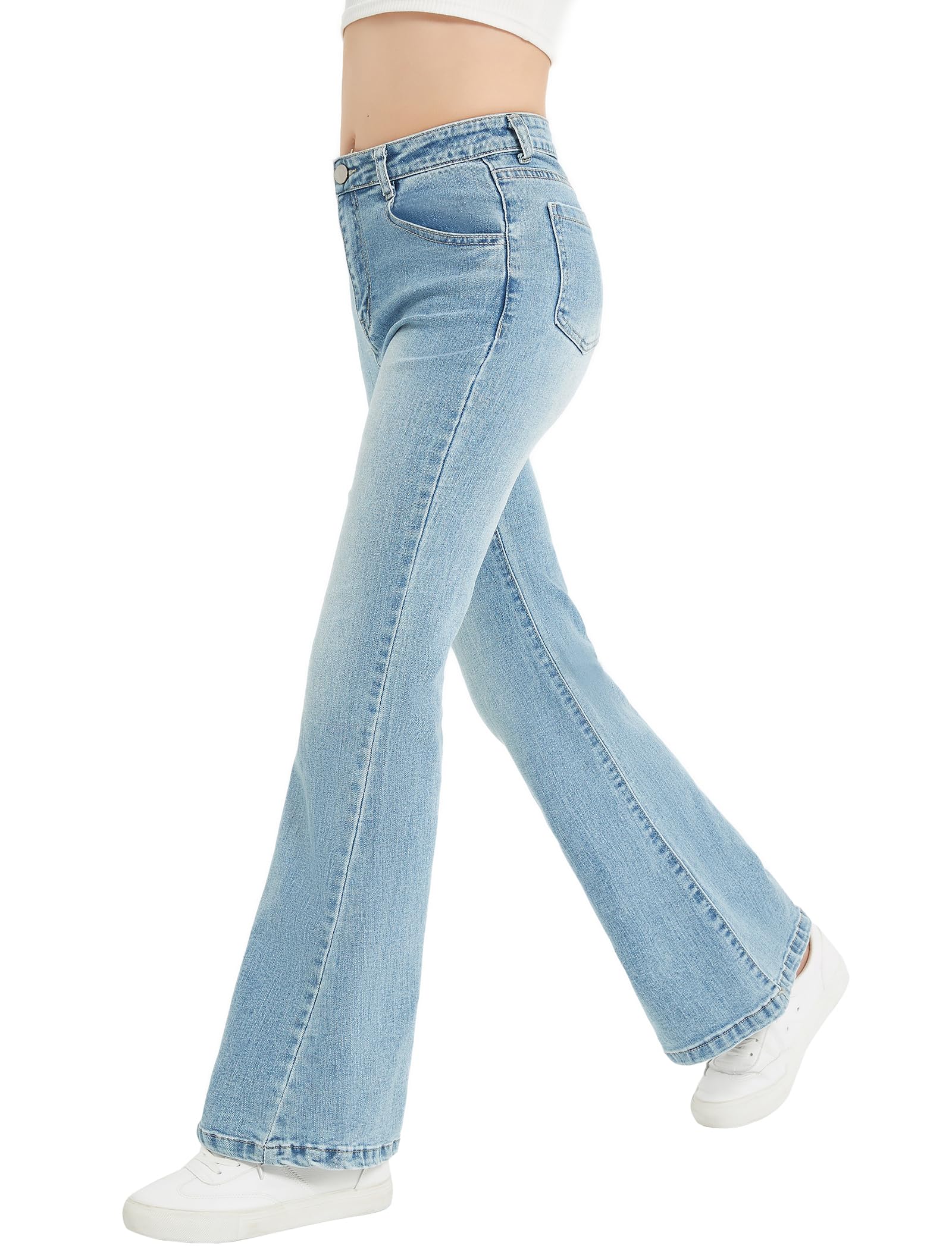 EXARUS Pantalones de mezclilla acampanados para niñas, pantalones de mezclilla acampanados, rasgados, lindos, corte de bota, cintura media, bolsillos elásticos para niños