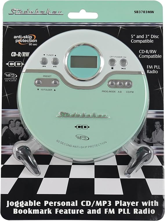 Studebaker SB3703MW Joggable Personal CD/MP3 Player with Audio Book Compatibility, Bookmark Feature and FM PLL Radio - Mint/White