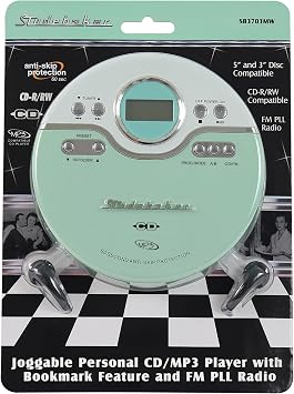 Studebaker SB3703MW Joggable Personal CD/MP3 Player with Audio Book Compatibility, Bookmark Feature and FM PLL Radio - Mint/White